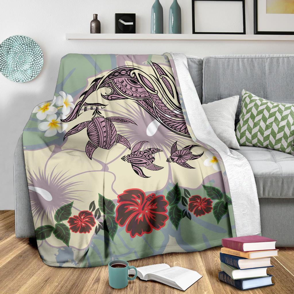 Hawaii Turtle Shark Hibiscus Premium Blanket - Beige - LH Style - Polynesian Pride