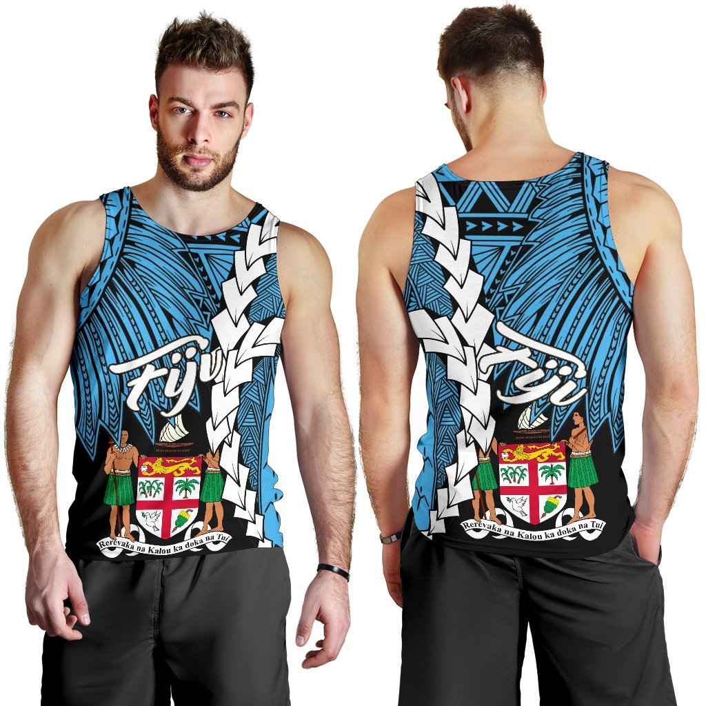 Fiji Polynesian Custom Personalised Men's Tank Top - Tribal Wave Tattoo Flag Style Blue - Polynesian Pride
