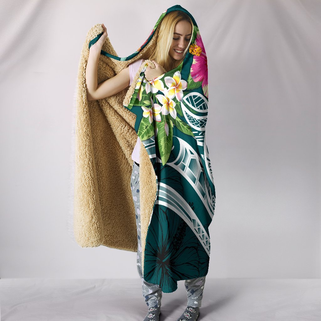 Papua New Guinea Polynesian Hooded Blanket - Summer Plumeria (Turquoise) - Polynesian Pride