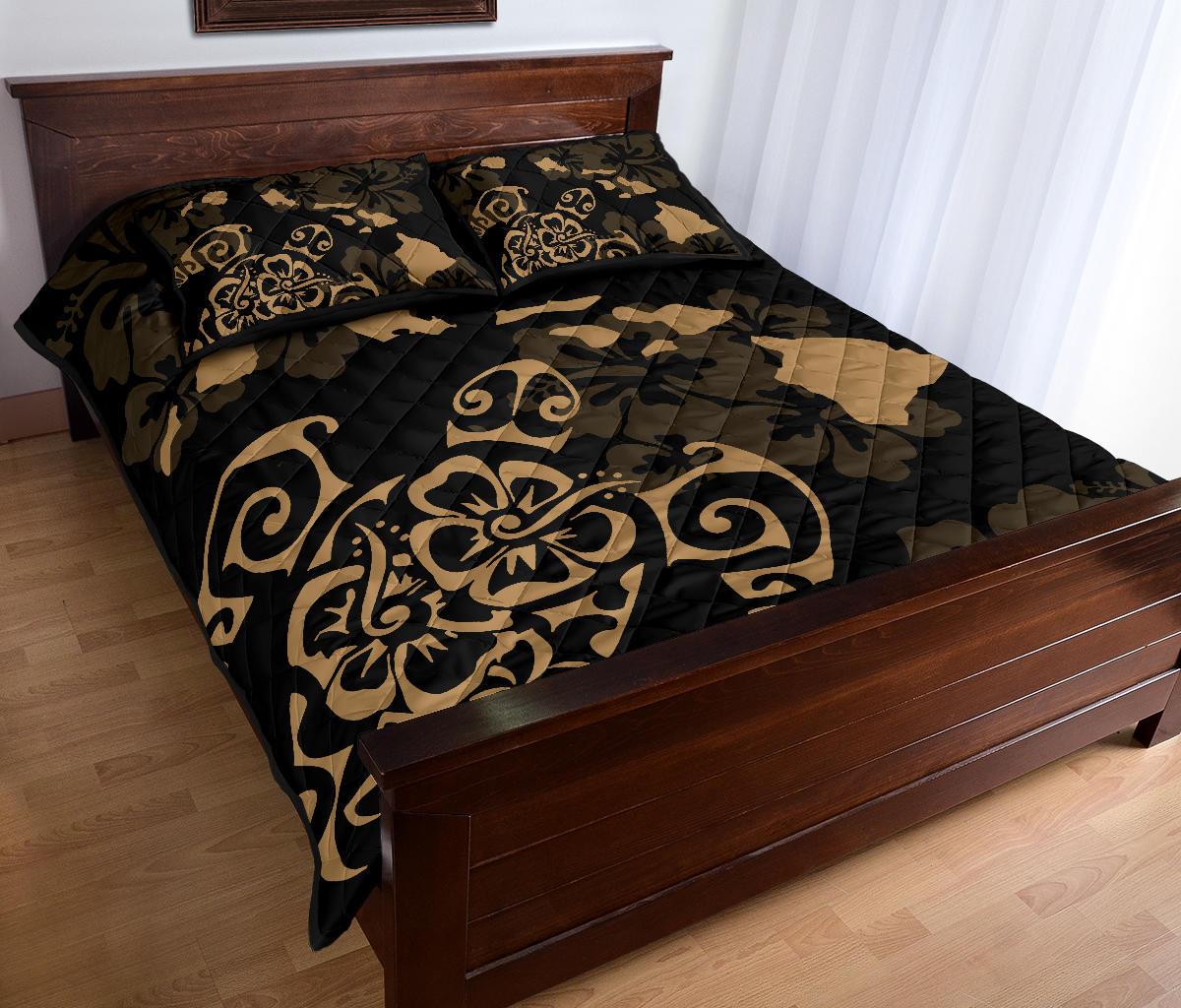 Turtle Hibiscus Map Gold Quilt Bed Set - Polynesian Pride
