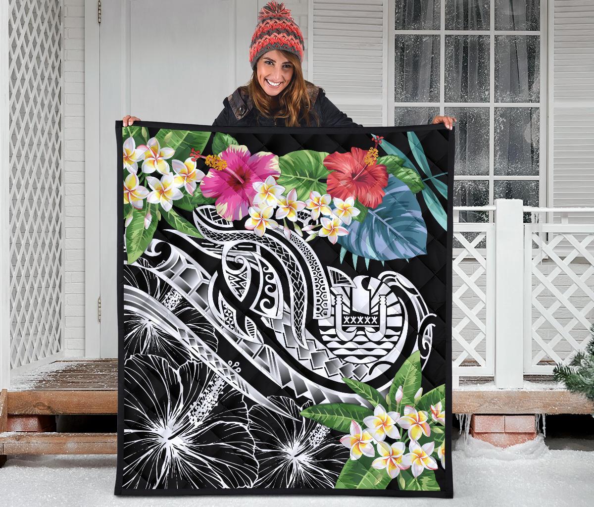 Tahiti Polynesian Premium Quilt - Summer Plumeria (Black) - Polynesian Pride