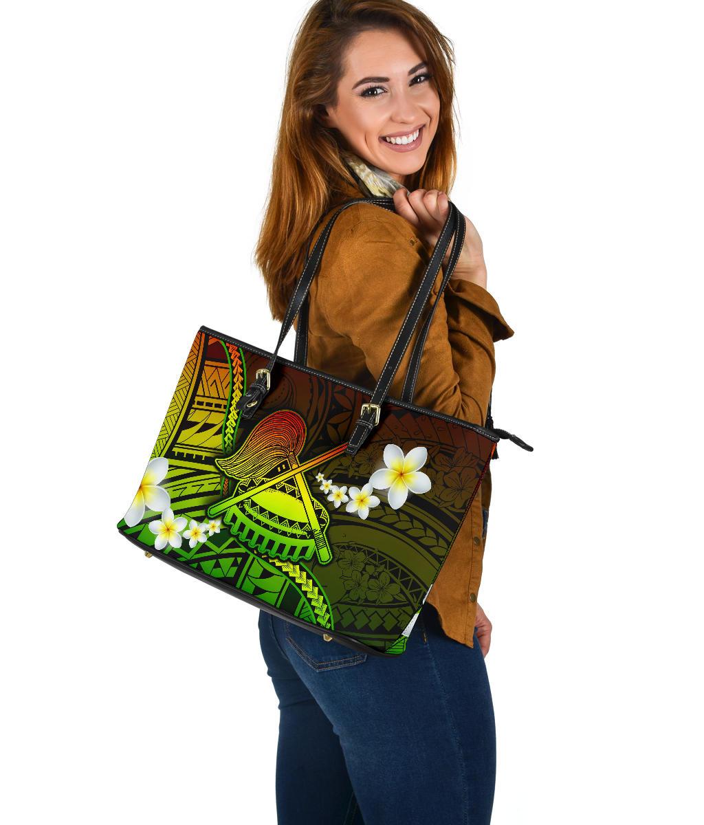 American Samoa Large Leather Tote - Seal Of American Samoa With Plumeria Flowers - Polynesian Pride