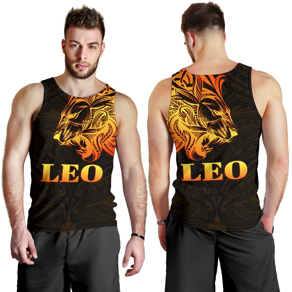 Sun In Leo Zodiac Men Tank Top Polynesian Tattoo Simple - Orange Black - Polynesian Pride