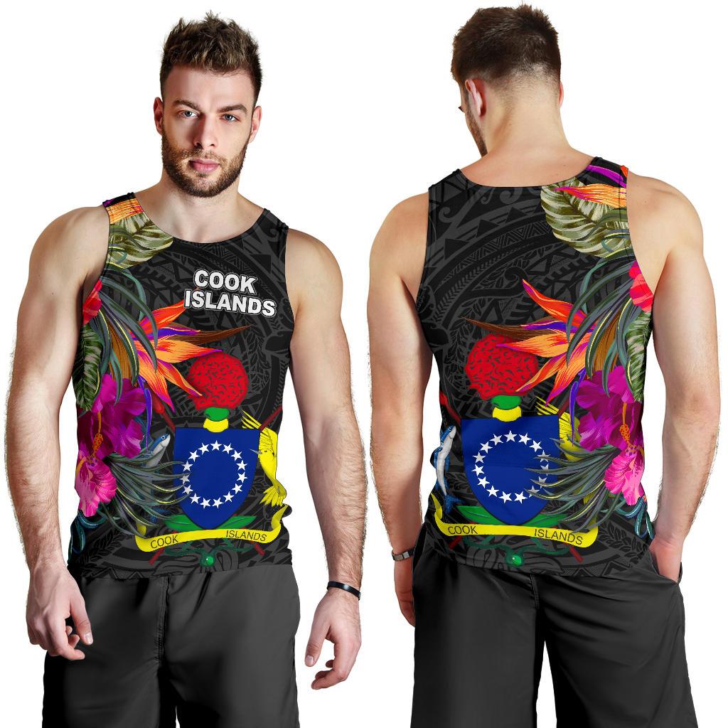 Cook Islands Men's Tank Top - Polynesian Hibiscus Pattern Black - Polynesian Pride