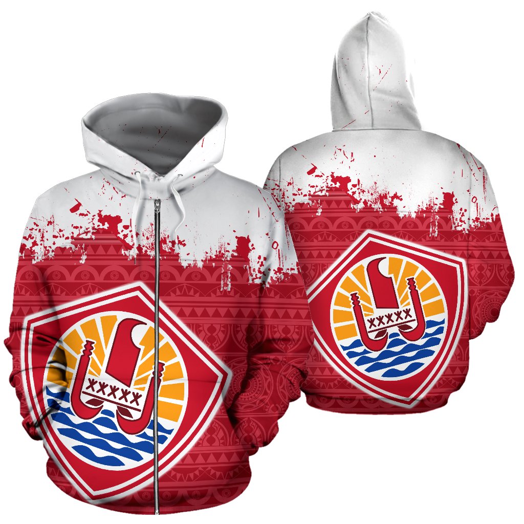 French Polynesia All Over Zip up Hoodie Tahiti Grunge Style Unisex Red - Polynesian Pride