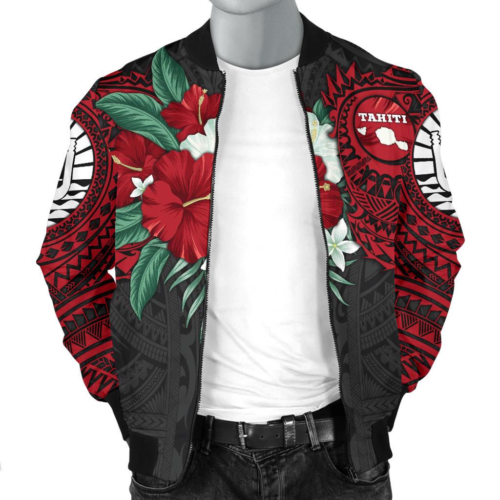 Tahiti Polynesian Men's Bomber Jacket - Hibiscus and Sea Turtle (Red) - Polynesian Pride