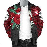 Tahiti Polynesian Men's Bomber Jacket - Hibiscus and Sea Turtle (Red) - Polynesian Pride