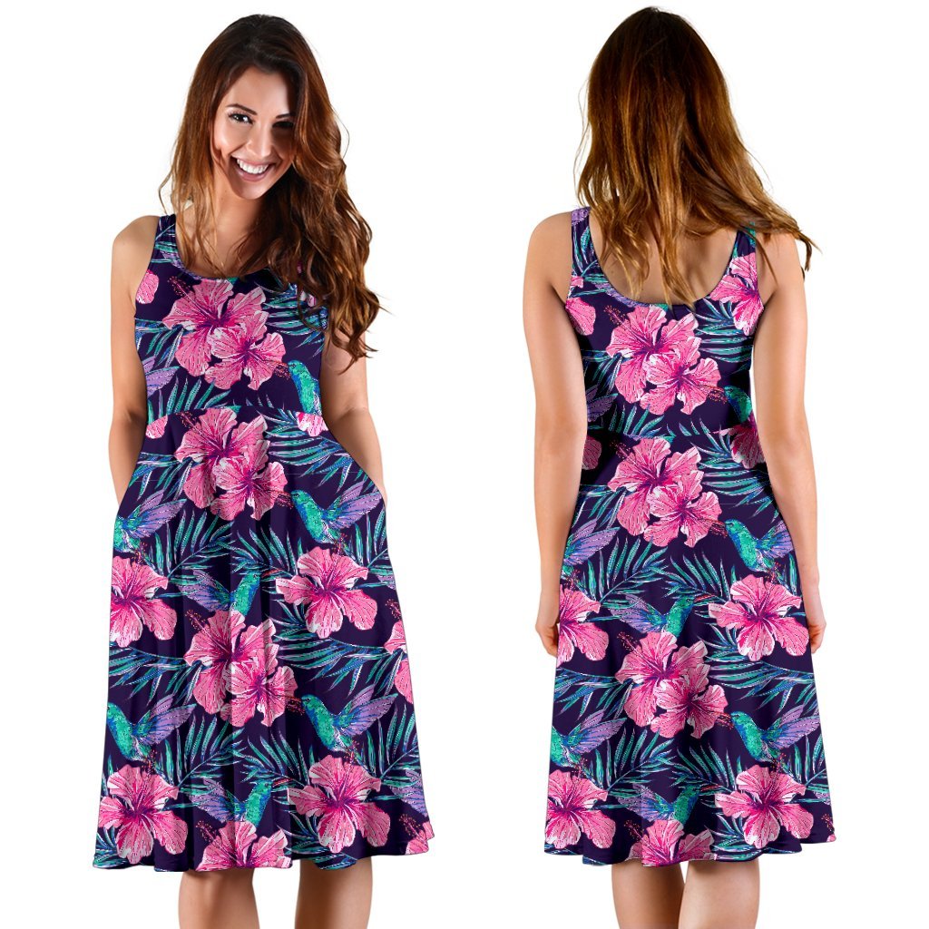 Hawaii Tropical Flowers With Hummingbirds Palm Leaves Midi Dress - Polynesian Pride