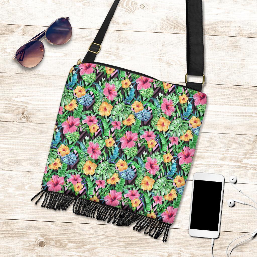 Hawaii Tropical Hibiscus Banana Leafs Crossbody Boho Handbag - Polynesian Pride