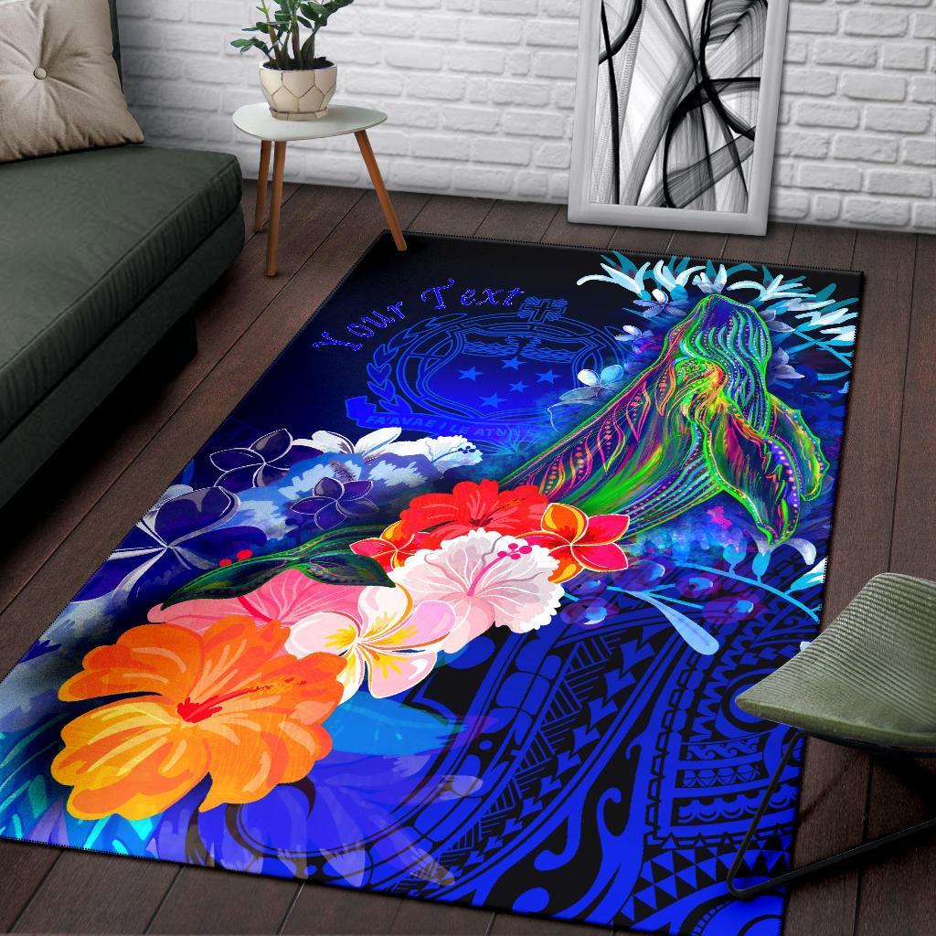 Custom Personalised Samoa Area Rug - Humpback Whale with Tropical Flowers (Blue) - Polynesian Pride