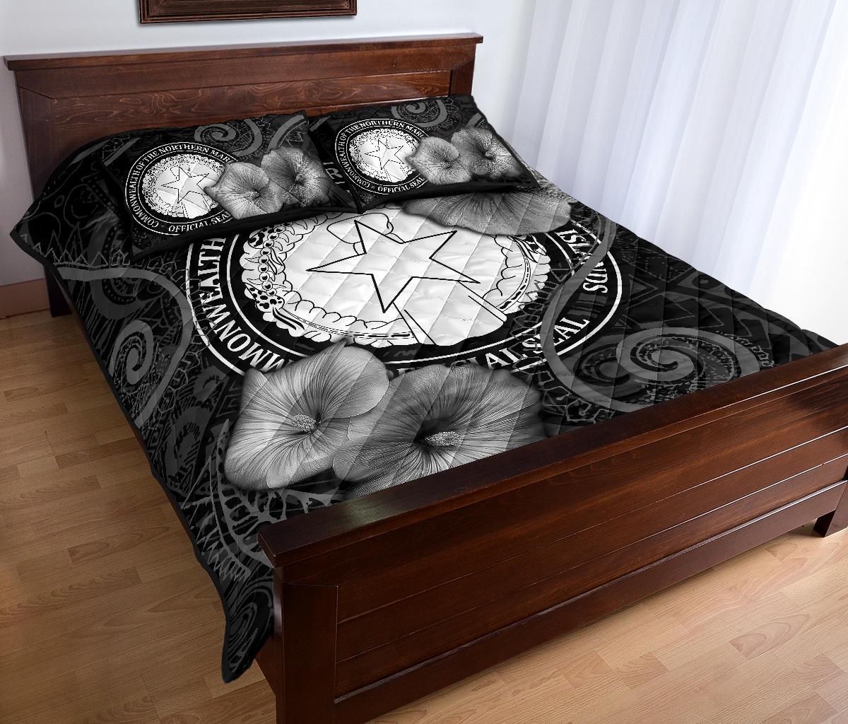 Northern Mariana Islands Polynesian Quilt Bed Set - Northern Mariana Islands Seal & Black Hibiscus - Polynesian Pride