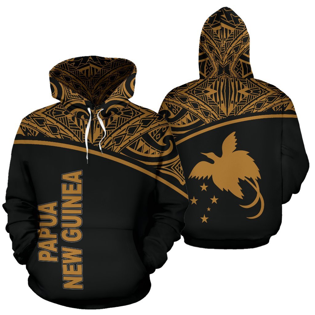 Papua New Guinea Polynesian ll Over Hoodie Gold Curve Unisex Black - Gold - Polynesian Pride