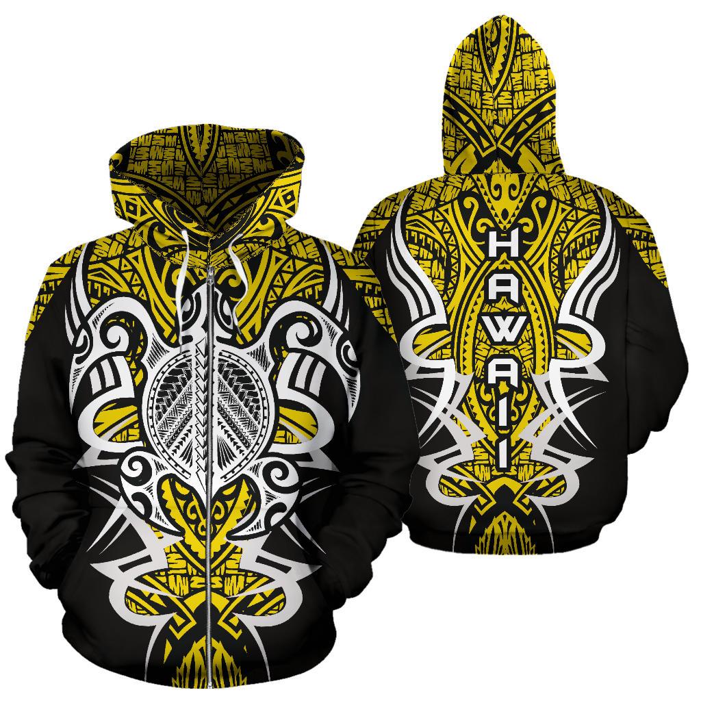 Hawaii Turtle Tribal Yellow Zip up Hoodie Armor Style Unisex Yellow - Polynesian Pride