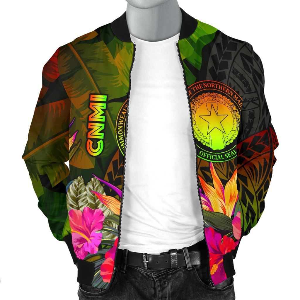 Northern Mariana Islands Polynesian Men's Bomber Jacket - Hibiscus and Banana Leaves - Polynesian Pride