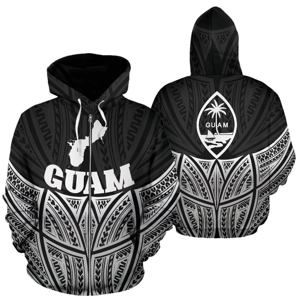 Guam Polynesian Zip up Hoodie Black Pride Map and Seal Unisex Black - Polynesian Pride