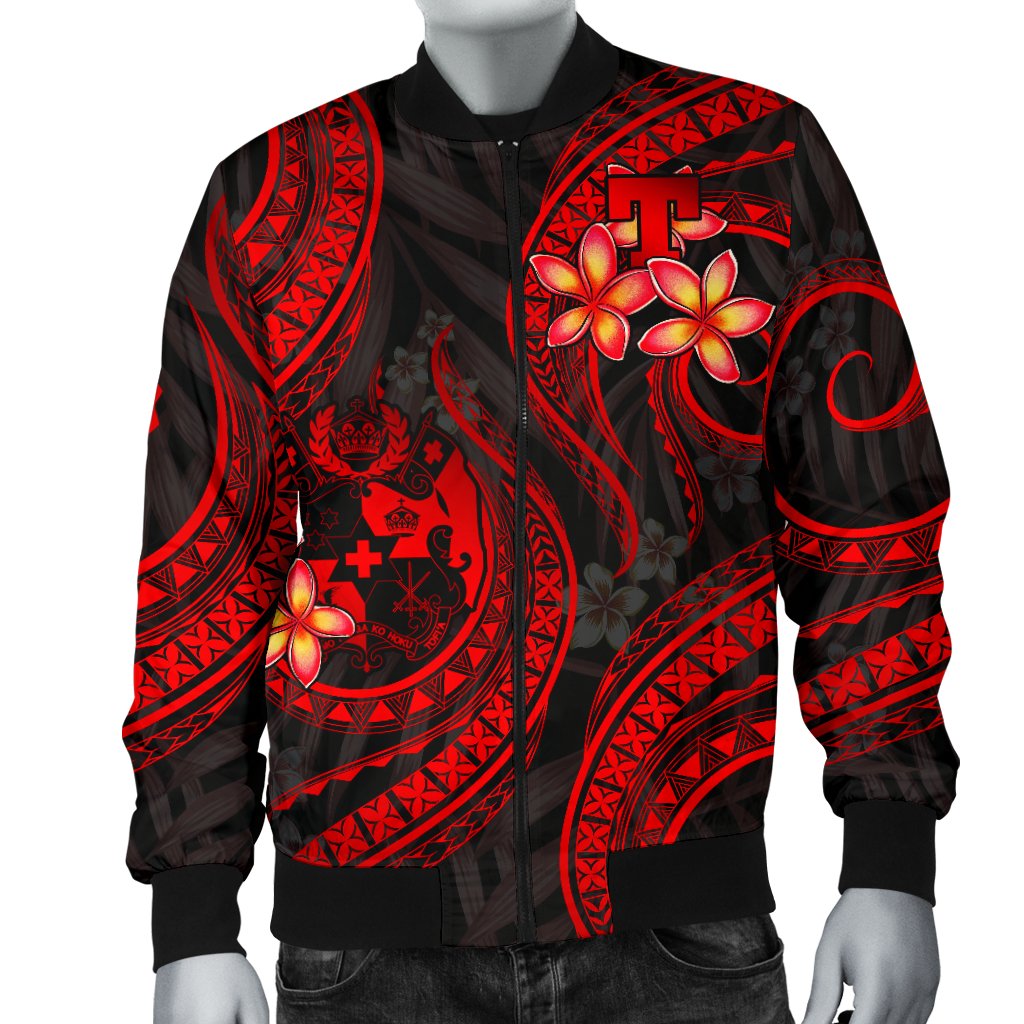 Tonga Polynesian Men Bomber Jacket - Red Plumeria - Polynesian Pride
