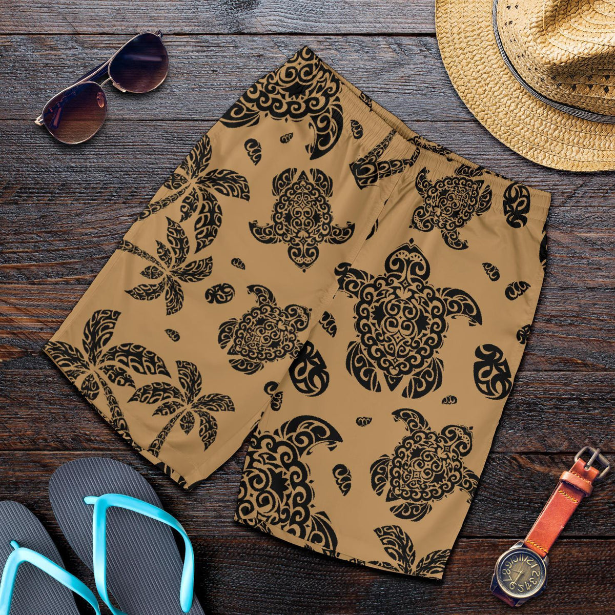 Polynesian Turtle Palm And Sea Pebbles Gold Men's Short - Polynesian Pride