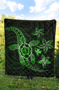 Kanaka Map Hibiscus Plumeria Turtle Art Green Polynesian Premium Quilt - Polynesian Pride