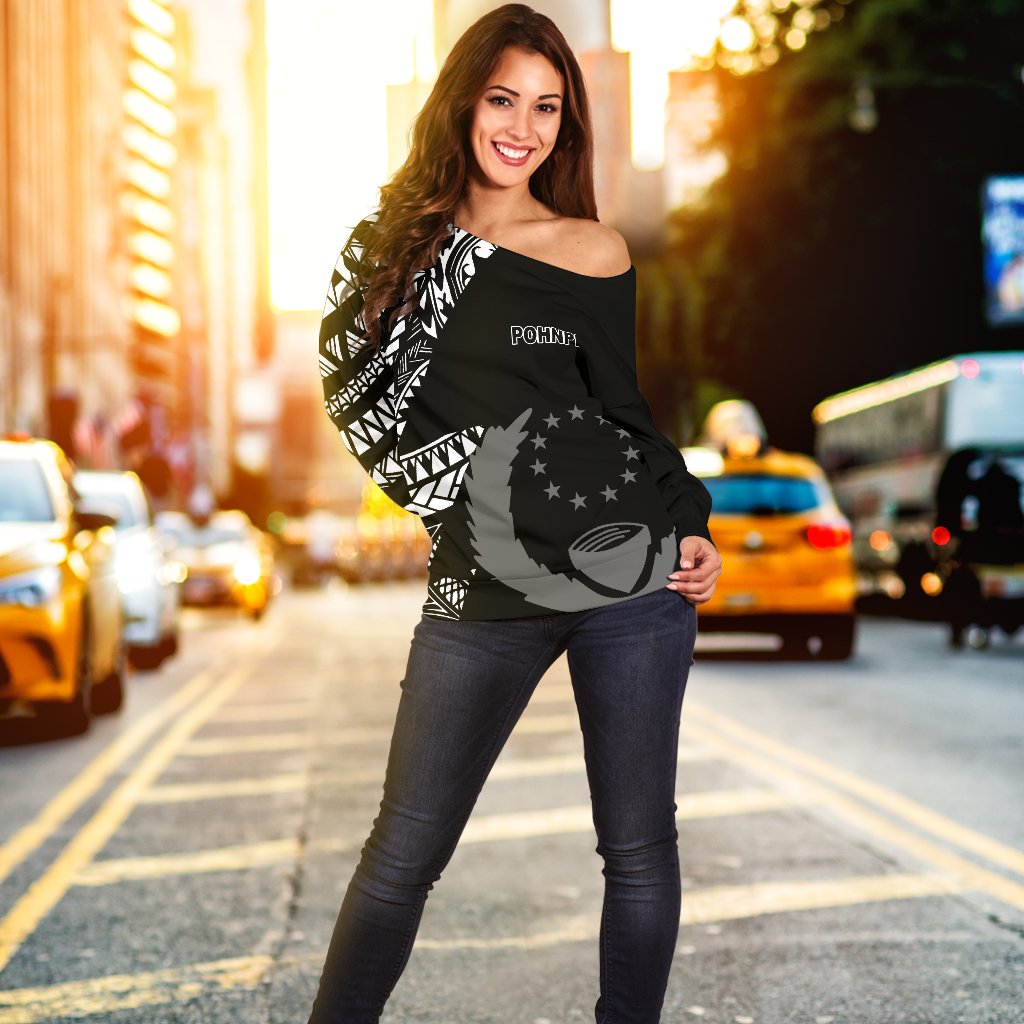 Pohnpei Women's Off Shoulder Sweater - Micronesian Pattern Flash Black - Polynesian Pride