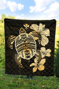Hawaiian Kanaka Hibiscus Plumeria Mix Polynesian Turtle Premium Quilt Gold AH - Polynesian Pride