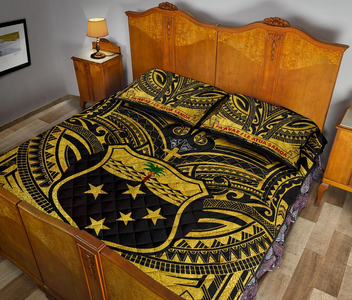Samoa Quilt Bed Set - Samoa Coat Of Arm, Polynesian Tattoo Gold - Polynesian Pride