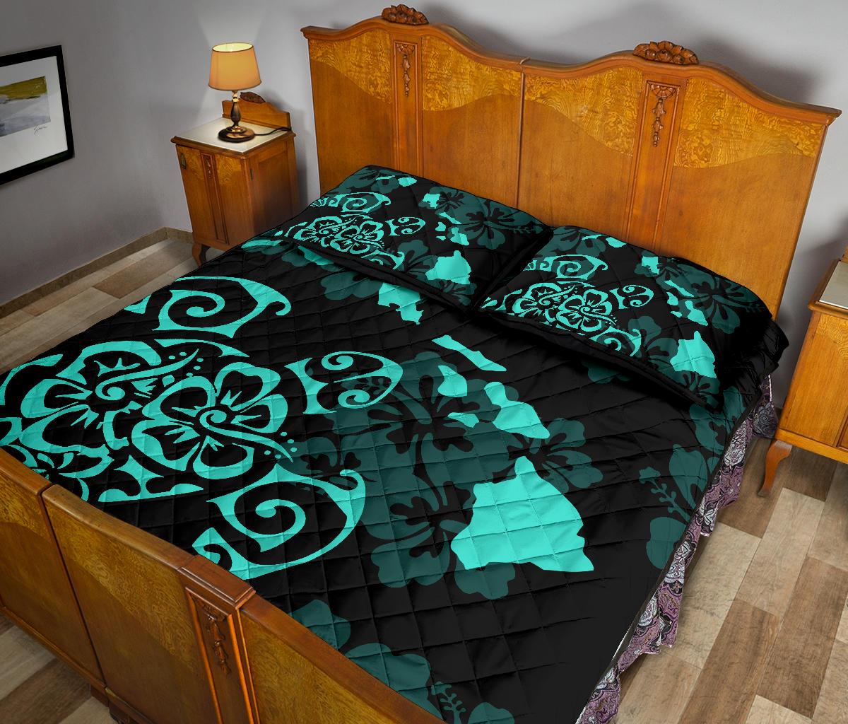 Turtle Hibiscus Map Turquoise Quilt Bed Set - Polynesian Pride