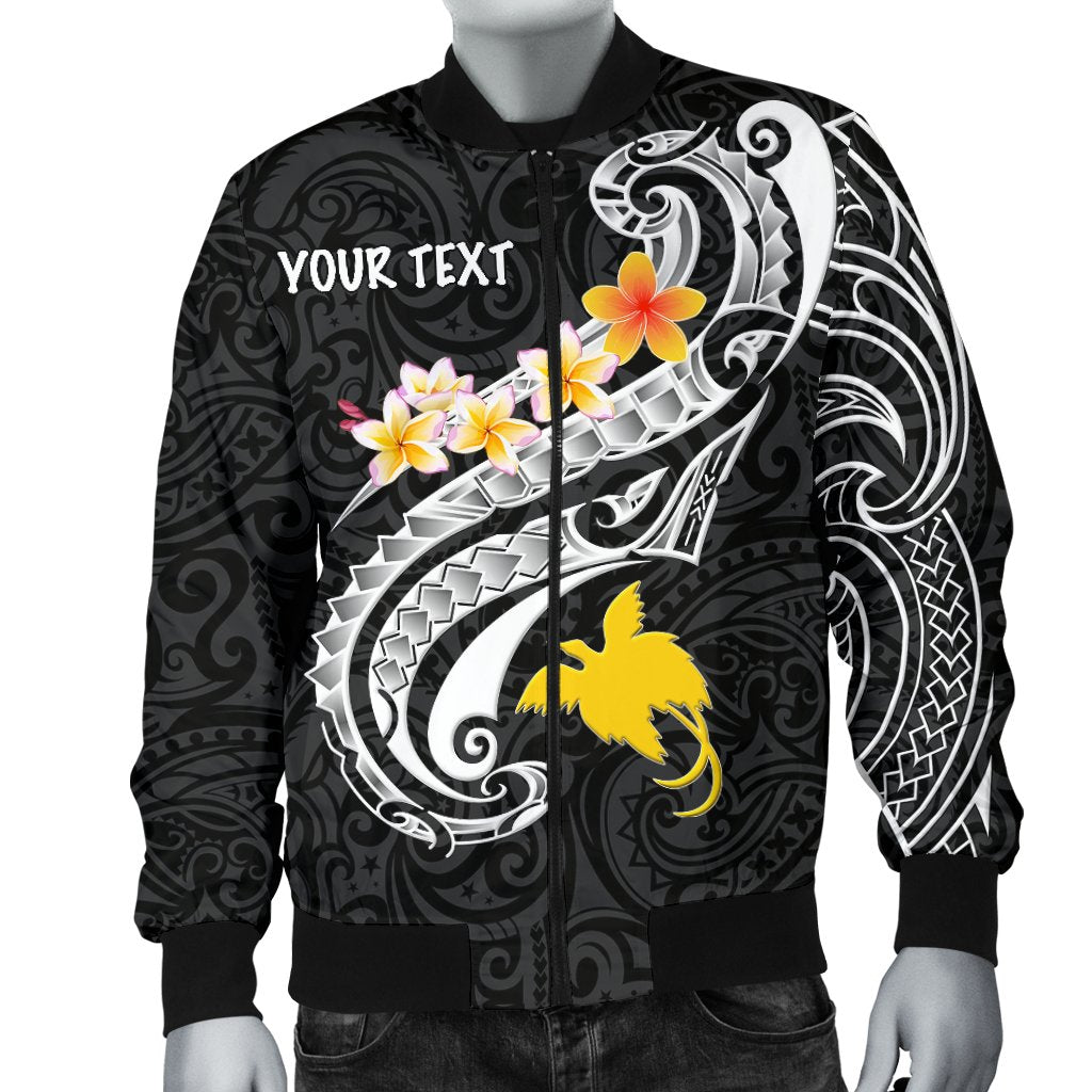 Papua New Guinea Custom Personalised Men's Bomber Jackets - PNG Seal Polynesian Patterns Plumeria (Black) - Polynesian Pride