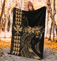 Hawaii Map Kanaka Polynesian Hula Girl Premium Blanket - Gold - Polynesian Pride