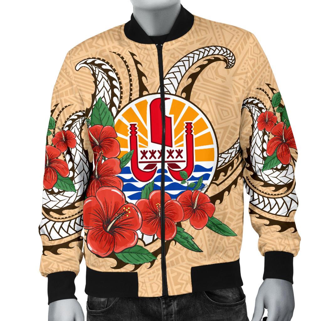 Tahiti Polynesian Men Bomber Jacket - Hibiscus Coat of Arm Beige - Polynesian Pride
