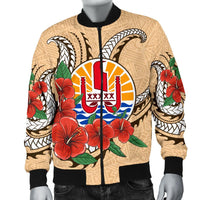 Tahiti Polynesian Men Bomber Jacket - Hibiscus Coat of Arm Beige - Polynesian Pride