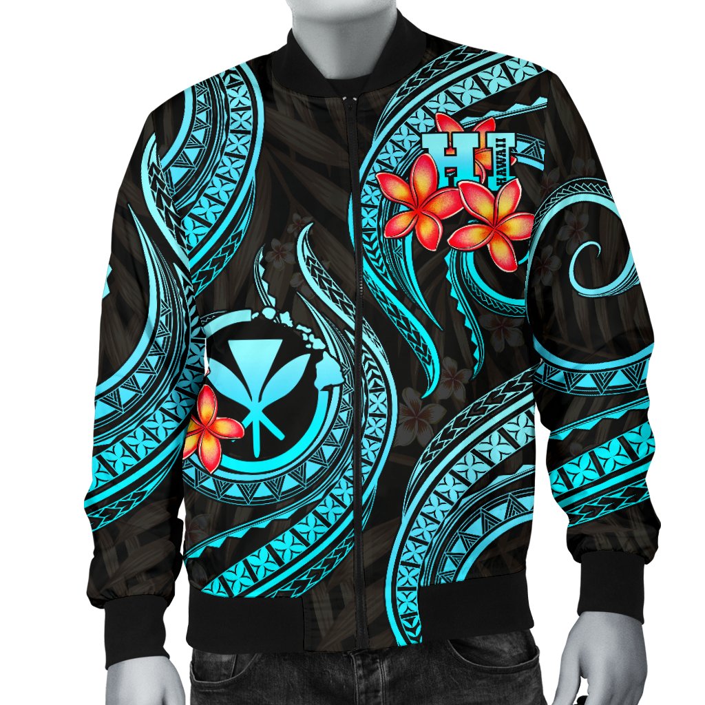 Polynesian Hawaii Men Bomber Jacket - Turquoise Plumeria - Polynesian Pride