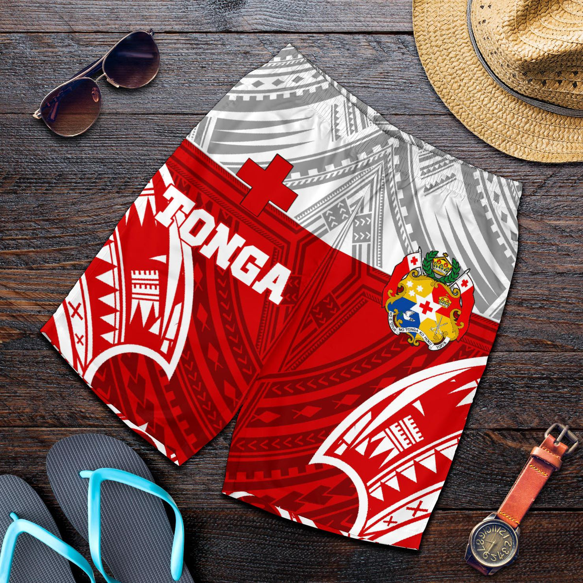 Tonga Polynesian Men's Shorts - Pattern With Seal Red Version - Polynesian Pride