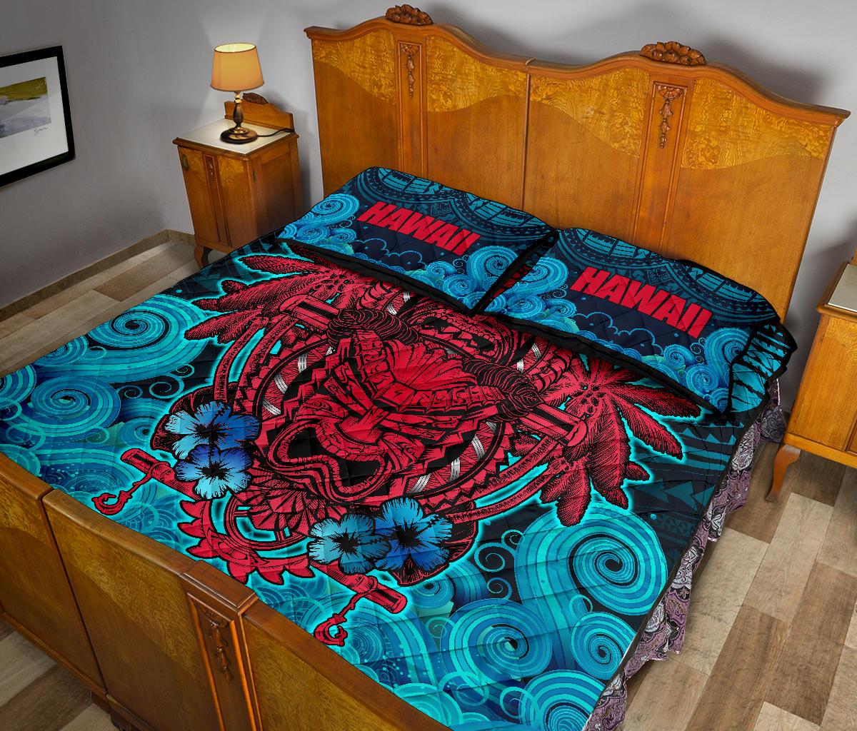 Hawaii Polynesian Quilt Bed Set - Hawaiian Red Tiki Face - Torquoise Version - Polynesian Pride