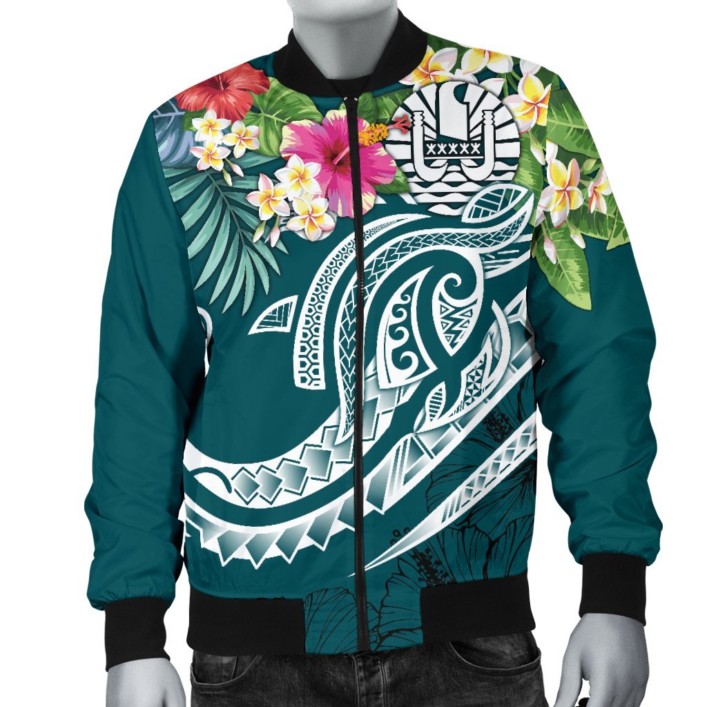 Tahiti Polynesian Men's Bomber Jacket - Summer Plumeria (Turquoise) - Polynesian Pride