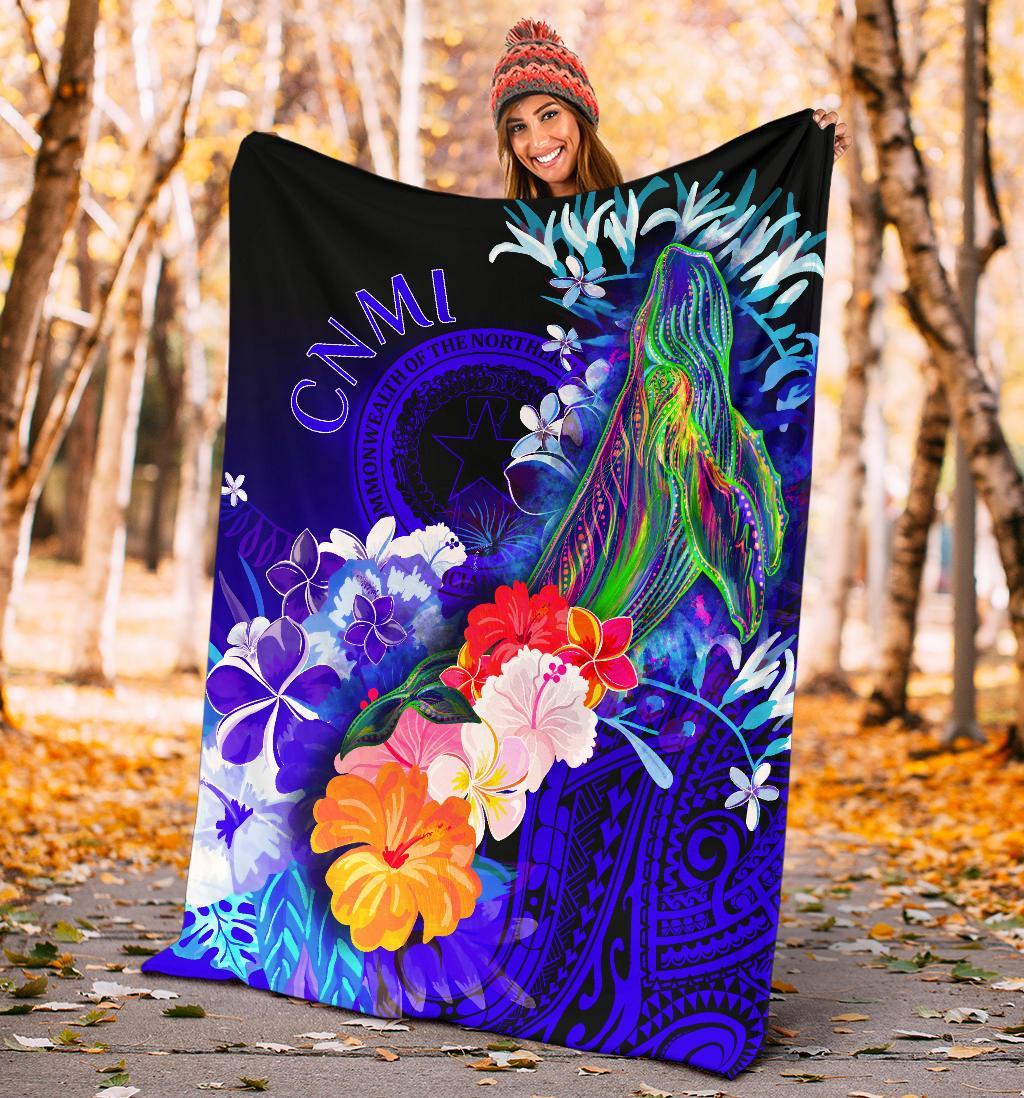 CNMI Premium Blanket - Humpback Whale with Tropical Flowers (Blue) White - Polynesian Pride