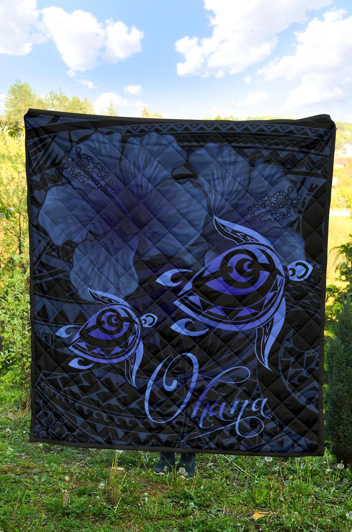 Hawaii Turtle Ohana Hibiscus Poly Premium Quilt Blue - Polynesian Pride