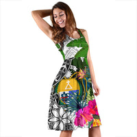 Nauru Midi Dress White - Turtle Plumeria Banana Leaf Crest - Polynesian Pride
