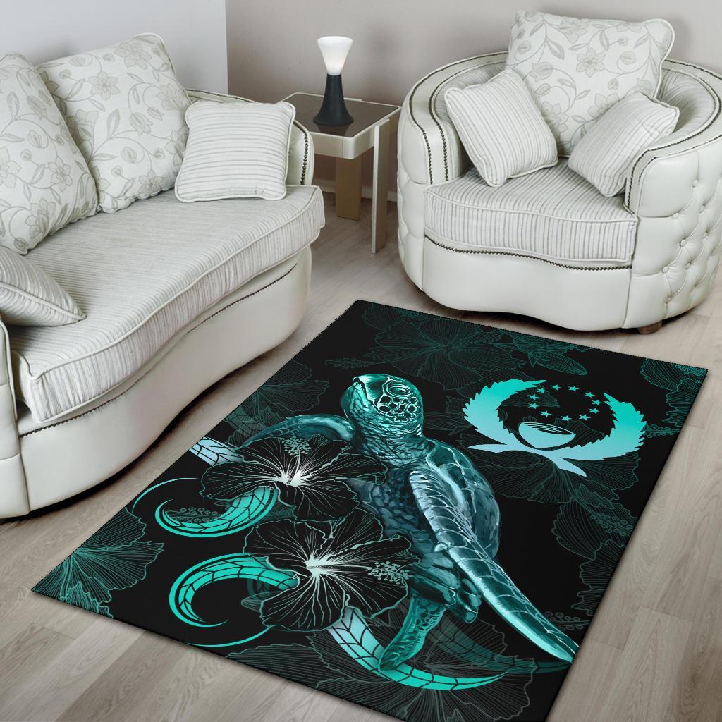 Pohnpei Polynesian Area Rugs - Turtle With Blooming Hibiscus Turquoise - Polynesian Pride