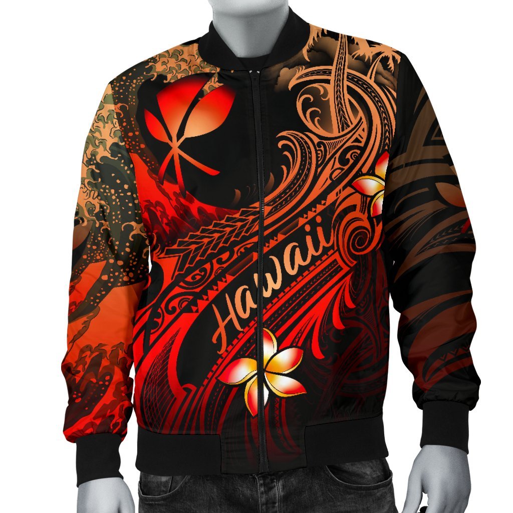 Hawaii Polynesian Men's Bomber Jacket - Plumeria Flowers And Waves - Polynesian Pride