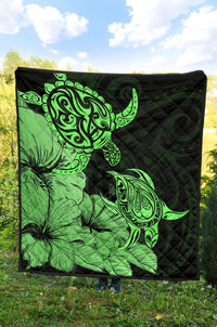 Hawaii Turtle Premium Quilt Polynesian Hibiscus Art Green AH - Polynesian Pride