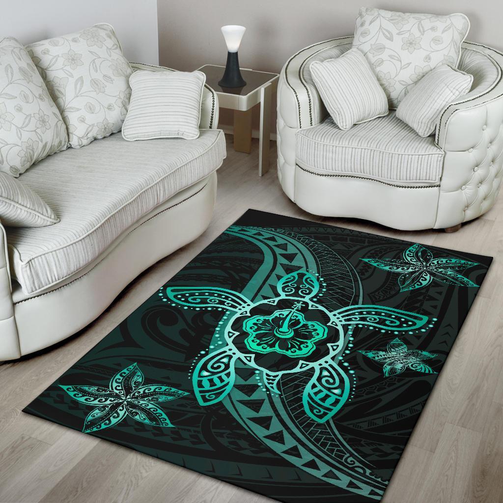 Kanaka Map Hibiscus Plumeria Turtle Art Polynesian Area Rug Turquoise AH - Polynesian Pride