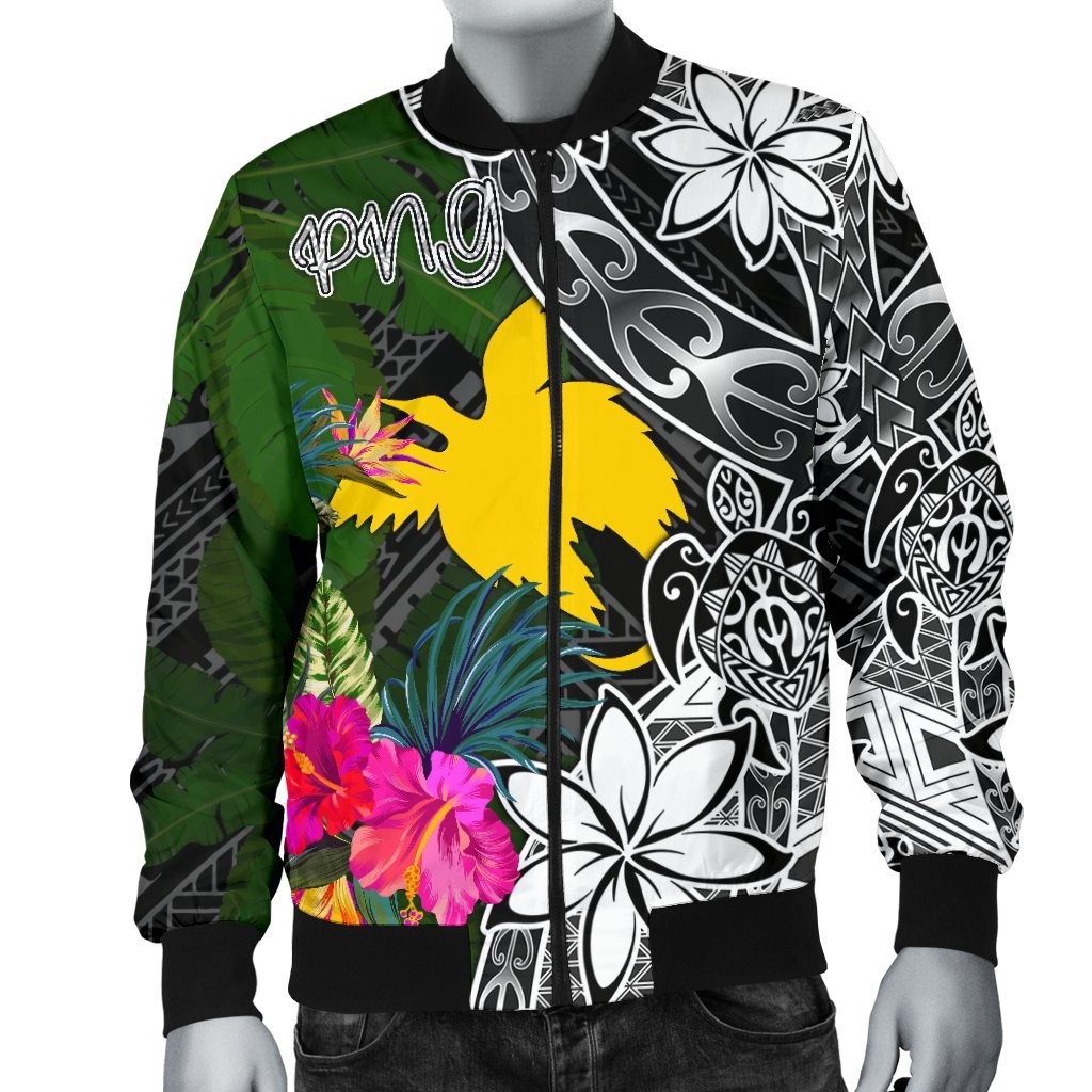 Papua New Guinea Men Bomber Jacket - Turtle Plumeria Banana Leaf - Polynesian Pride