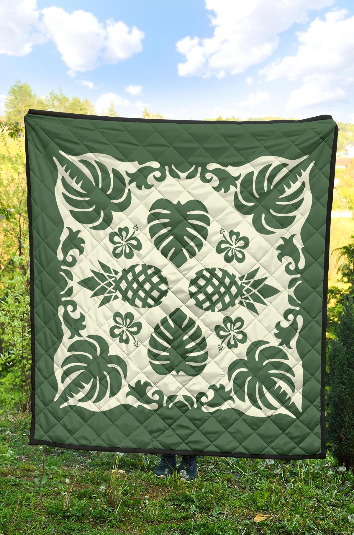Hawaiian Kalo Coconut Pattern Premium Quilt - Green - Argu Style - AH - Polynesian Pride