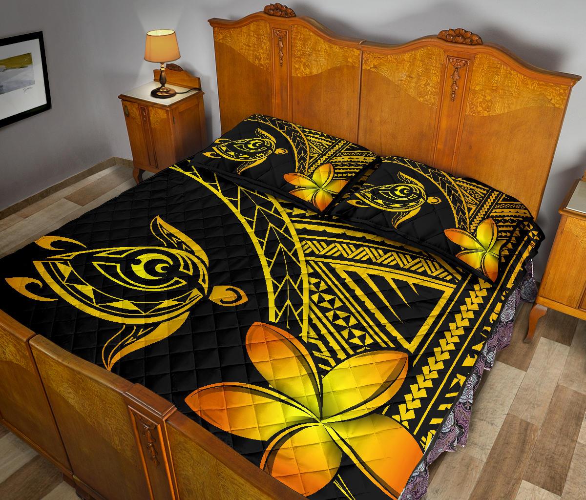 Hawaiian Turtle Plumeria Polynesian Quilt Bedding Set Yellow - Polynesian Pride