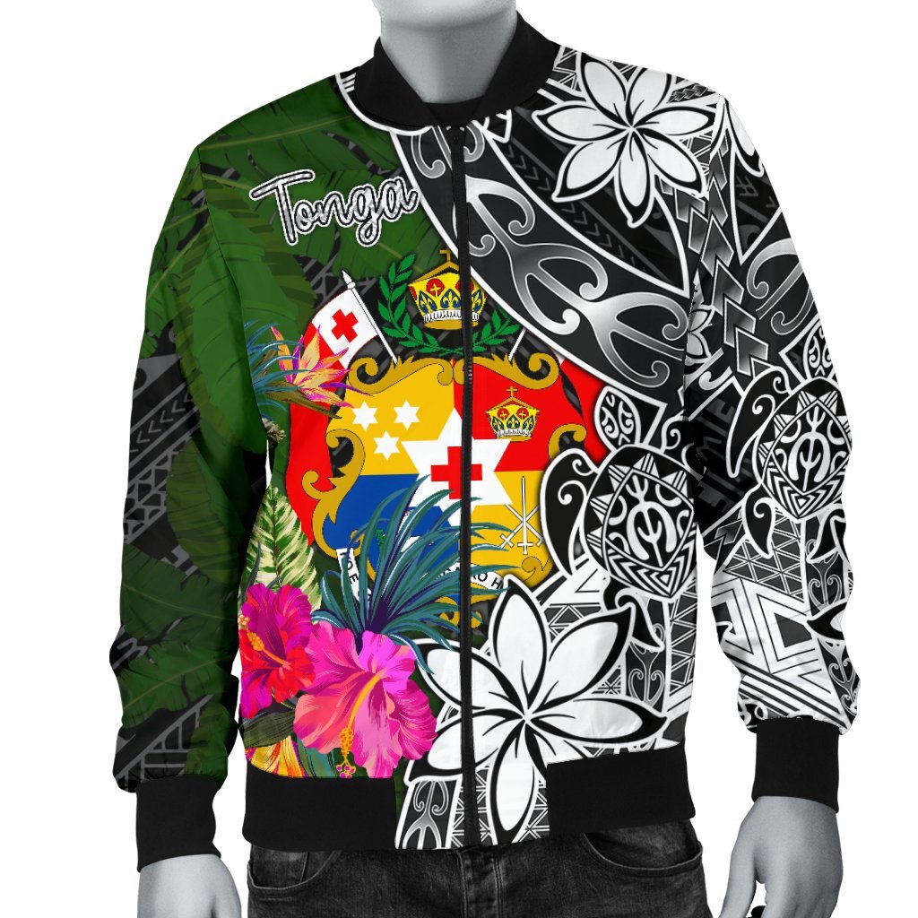 Tonga Men Bomber Jacket - Turtle Plumeria Banana Leaf - Polynesian Pride