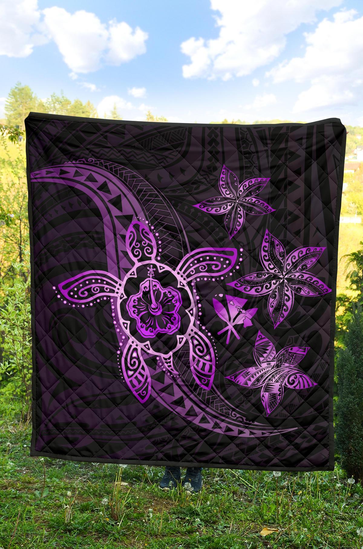 Kanaka Map Hibiscus Plumeria Turtle Art Violet Polynesian Premium Quilt - Polynesian Pride