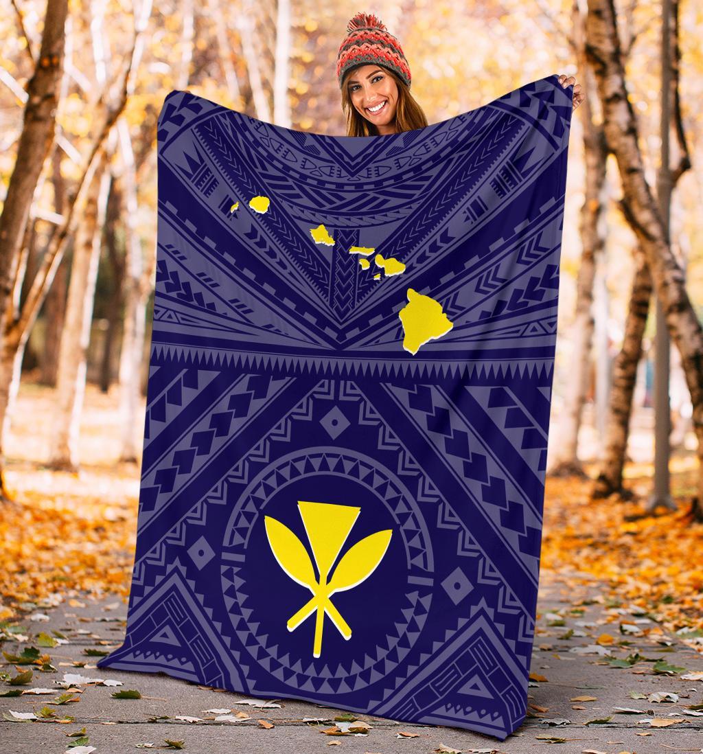 Hawaii Premium Blanket - Hawaii Kanaka Maoli And Map ( Blue) - Polynesian Pride