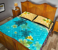 Hawaii Quilt Bed Set - Tiki Face In Turtles And Plumeria On Beach - Polynesian Pride