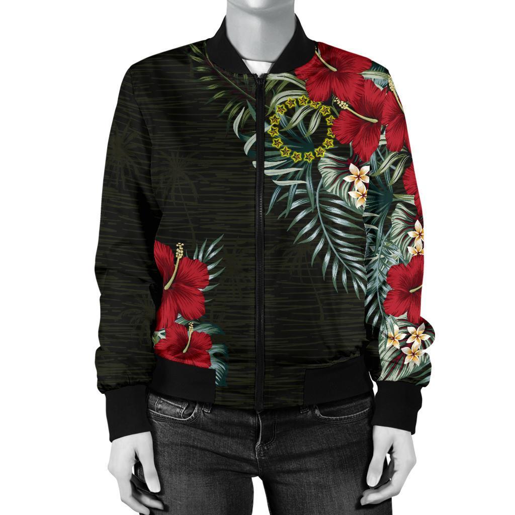 Cook Islands Hibiscus Women's Bomber Jacket Black - Polynesian Pride