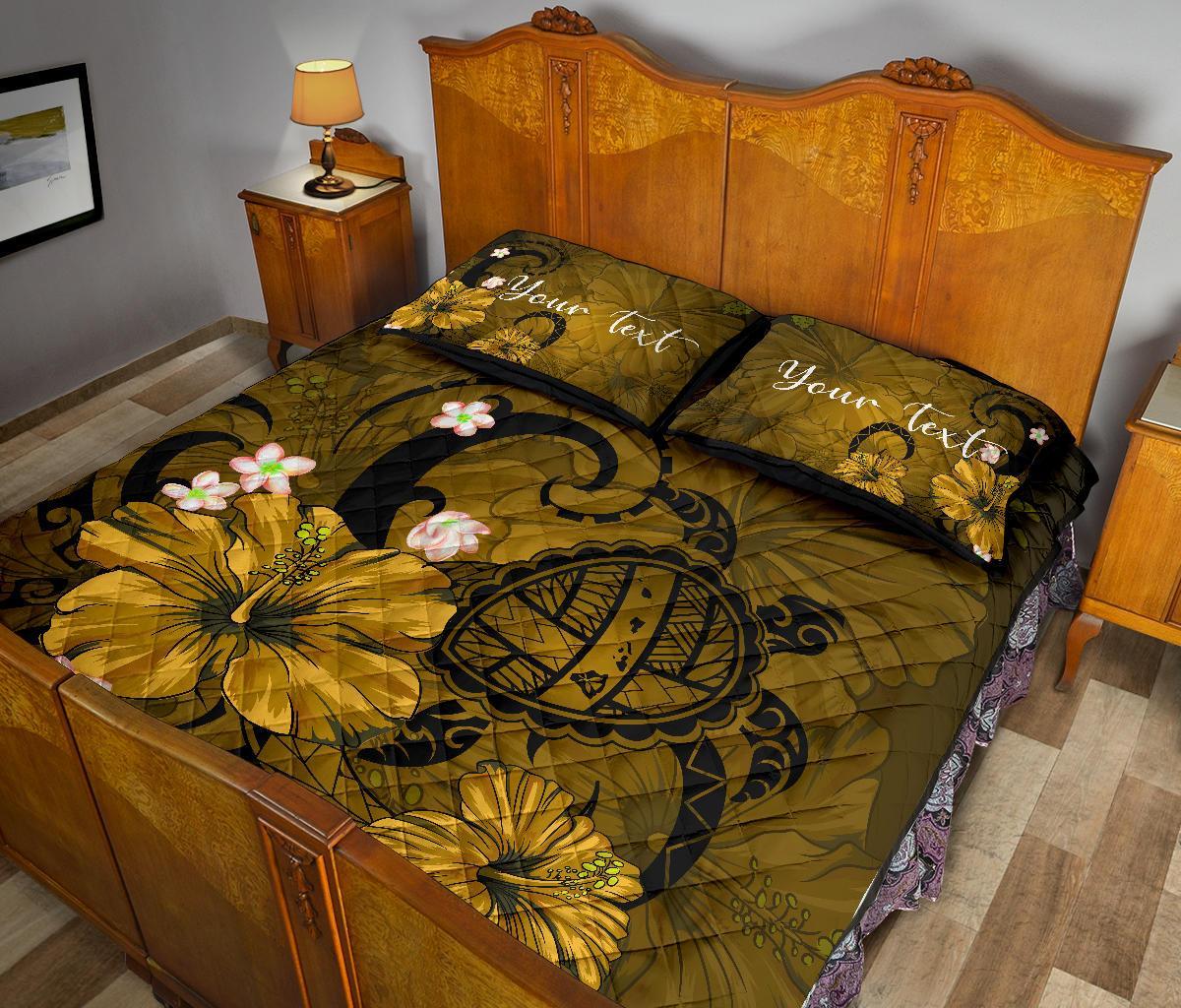 Personalized - Hawaii Map Turtle Hibiscus Plumeria Polynesian Quilt Bed Set - Yellow - Polynesian Pride